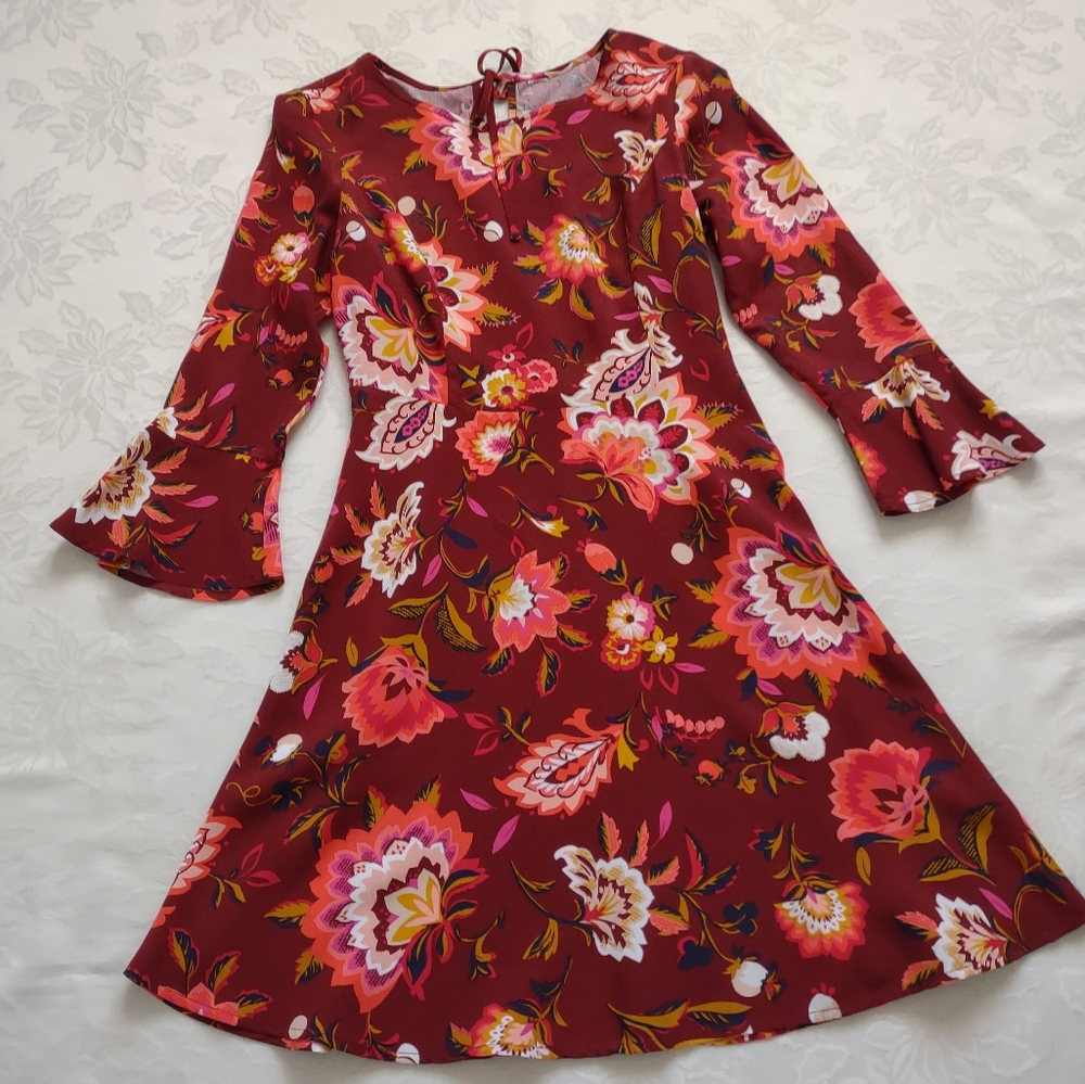 Floral dress back neck ties fit & flare bell sleeve Red Burgundy Bohemian